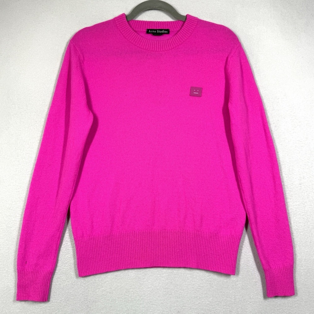 Acne Studios Sweater Womens XS Nalon Face Logo 100% Wool Pullover Pink READ